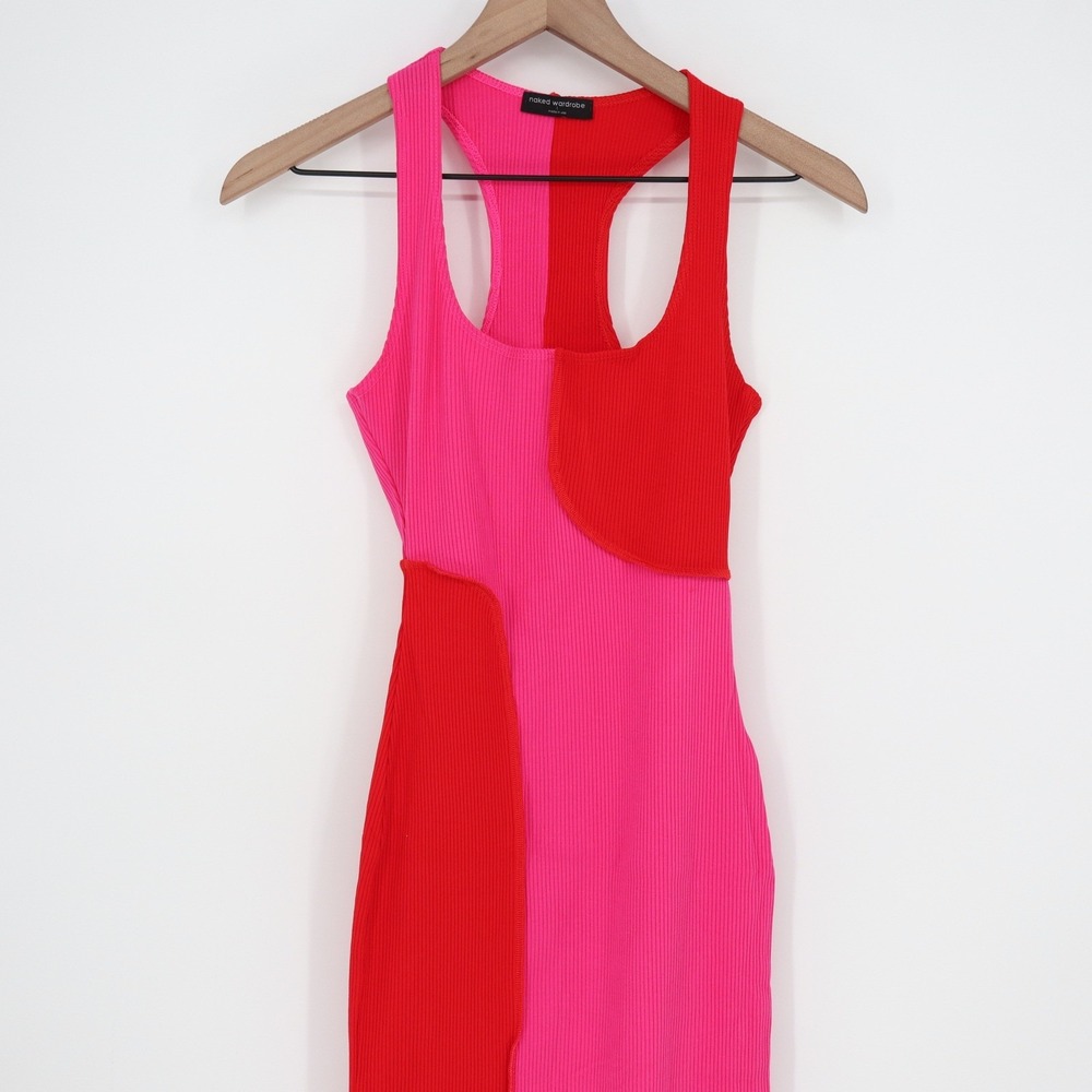 Naked Wardrobe Pink Red Colorblock Ribbed Midi Bodycon Dress XS - Picture 3 of 8